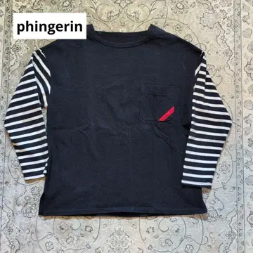 phingerin 소매 절개 보더 롱 T 네이비