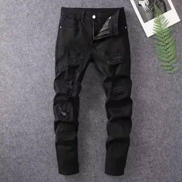블랙 데님 팬츠 데미지 가공 크리스탈 가공