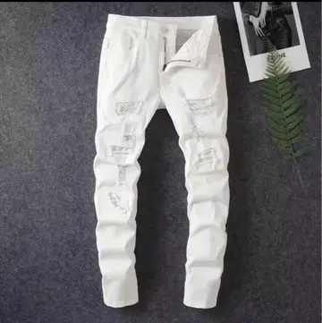 화이트 데미지 가공 데님 팬츠 큐빅 가공