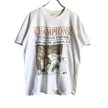 90s USA제 MLB CHAMPION 뉴스 페이퍼 프린트 티셔츠