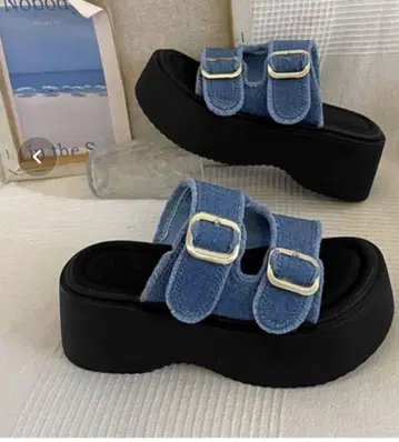 더블 백 샌들 데님 블루 통굽