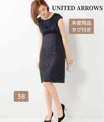 미사용 유나이티드 애로우즈 네이비 레이스 원피스 38 결혼식 무릎 기장