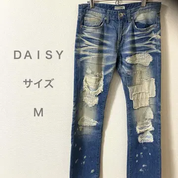 데이지 데미지 가공 스트레이트 데님 데님 블루 패치워크
