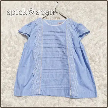 Spick & Span 반팔 블라우스 자수 레이스 핀턱 스트라이프 면