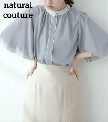 내추럴 꾸뛰르 펄 버튼 포인트 컬러 플레어 5부 소매 블라우스