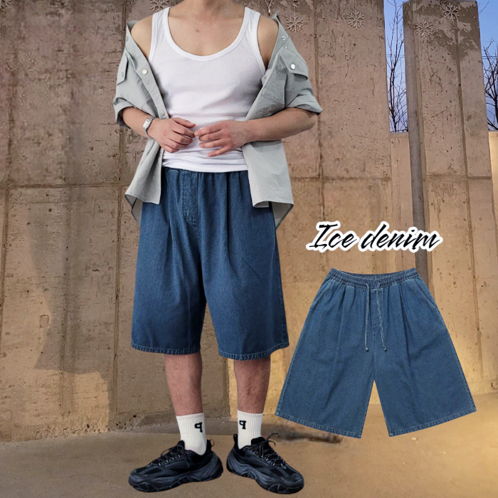 Men's Summer One-Tuck Bermuda Banding Wide Denim Shorts 3size