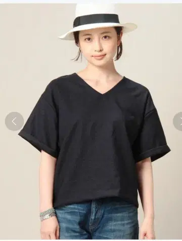 BY 린넨 터치 백 지퍼 V 넥 숏 슬리브