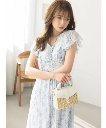 펄 장식 넥 리본 수채화 라인 플라워 플리츠 원피스