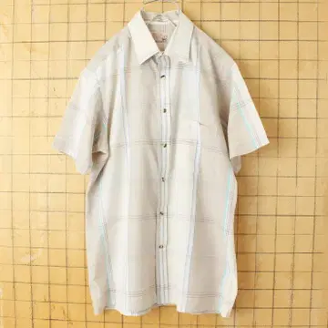 80s USA THE FOX 반팔 체크 박스 셔츠 베이지 M ss13