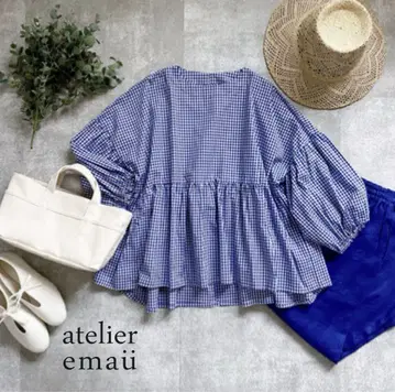 atelier emau 아틀리에 에마우 깅엄 체크 개더 블라우스
