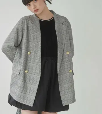 앙제 ANGIE 골드 버튼 더블 블레이저 자켓 그레이 체크
