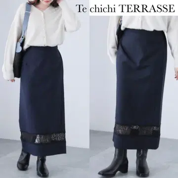테치치 테라스 레이스 절개 스커트 네이비
