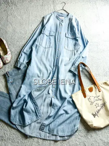 SLOBE IENA] LeDenim 밴드 카라 데님 셔츠 롱 원피스