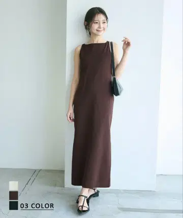 브라운 슬리브리스 롱 니트 원피스