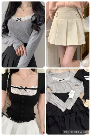 SHEIN DAZY 리본 캐주얼 반팔 긴팔 플리츠 스커트 봄/여름