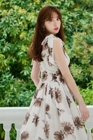 herlipto 해바라기 프린트 미디 드레스