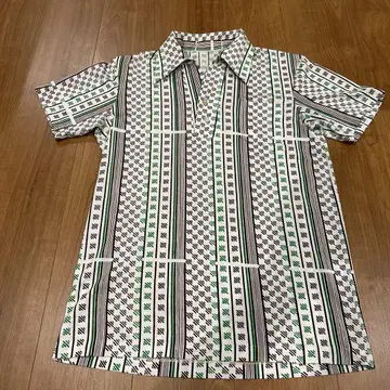 70s 빈티지 빅 옷깃 디자인 폴리 셔츠 그린 브라운 스트라이프
