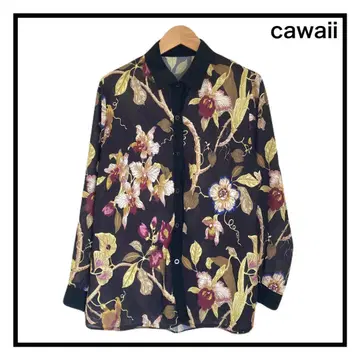 cawaii 꽃무늬 시어 셔츠 블랙 비침 여성용 긴팔 얇은 소재