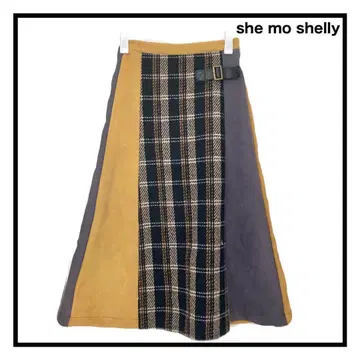 she mo shelly 체크 스웨이드 스커트 A 라인 울 롱