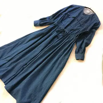 Lee 밴드 카라 데님 블루 셔츠 원피스 맥시 길이 롱 기장 긴팔