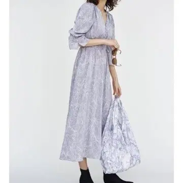 허리 개더 프린트 원피스 블루 snidel