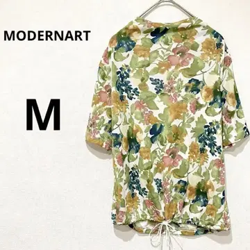 일본제 MODERNART 꽃무늬 모크넥 컷 티셔츠 그린 계열 M