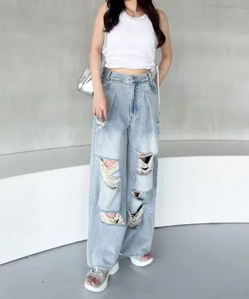 Heather 하이 웨스트 데미지 데님 팬츠
