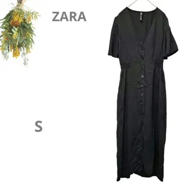 자라 ZARA V넥 롱 원피스 프론트 오픈 허리 개더 블랙 S