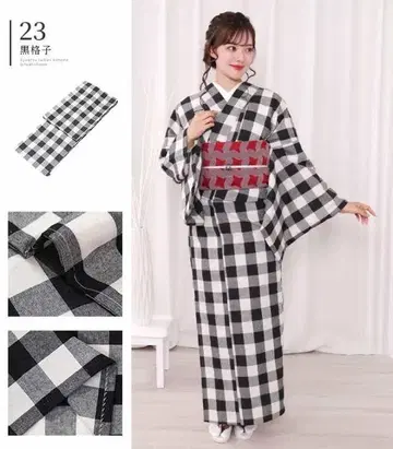 미개봉 새상품 블랙과 화이트 체크 무늬 면 혼방 기모노