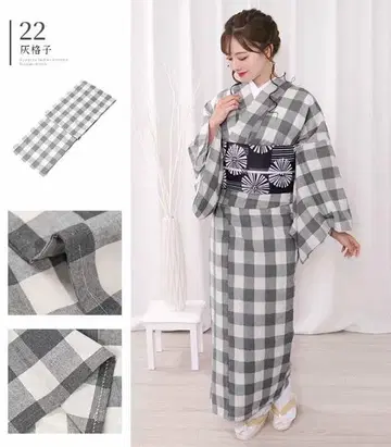 미개봉 새상품 면 혼방 기모노 그레이와 화이트 체크 무늬