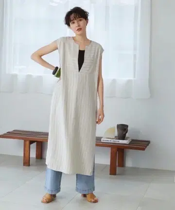 DOUX ARCHIVES 면 린넨 스트라이프 카프탄 원피스