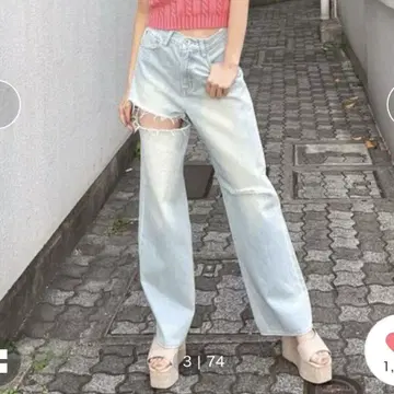 GYDA SIDE RIPPED 스트레이트 와이드 데님 팬츠