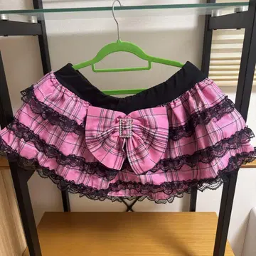 핑크 체크 무늬 미니 스커트 프릴