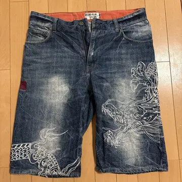 류기 압축 일본풍 패턴 자수 청바지 하프 팬츠 사이즈 32