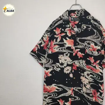 알로하 셔츠 일본풍 패턴 금붕어 무늬 꽃무늬 빈티지 블랙 레이온 4L