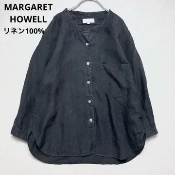 마가렛 호웰 린넨 100% 7부 소매 노카라 셔츠 블라우스 블랙
