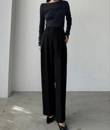 Louere 블랙 와이드 팬츠 하이 웨스트