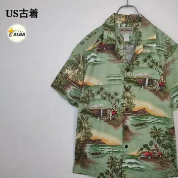 알로하 셔츠 하와이안 패턴 USA제 풍경화 빈티지 그린 오픈 카라