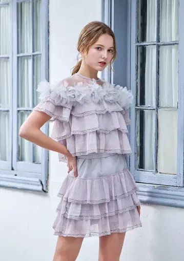 Riu Sheer pleats flower tops 퍼플 R짱