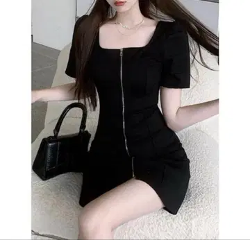 프론트 지퍼 스퀘어 넥 미니 원피스