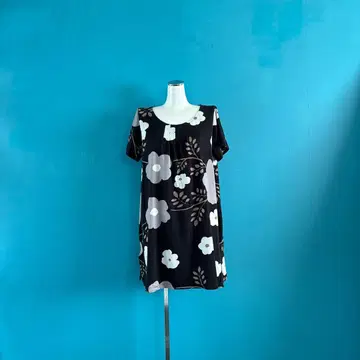 1492 마리메꼬 우니코 꽃무늬 반팔 튜닉 블랙 성숙/러블리