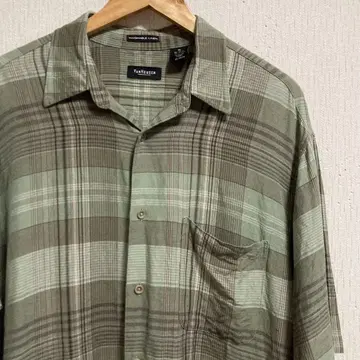 VAN HEUSEN 반팔 레이온 혼방 린넨 셔츠 L 상당 그린 체크