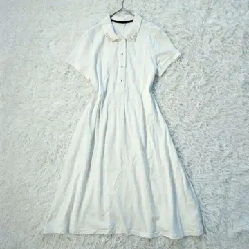 프라이어리티 폴로 원피스 펄 비쥬 플레어 A 라인 반팔 화이트