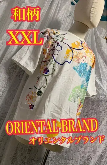 오리엔탈 브랜드 반팔 티셔츠 일본풍 패턴 자수 꽃 화이트 2XL