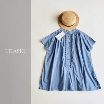 LILASIC 스탠드 카라 자수 튜닉 블루 그레이