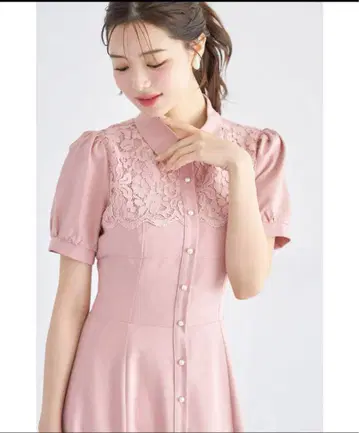 새상품 토코 백 레이스업 카라 부착 요크 셔츠 원피스 핑크 고급스러운