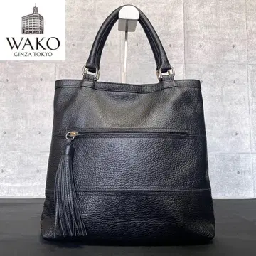 미사용급 WAKO 긴자 와코 주름 가죽 블랙 가죽 골드 금장 장식 핸드백