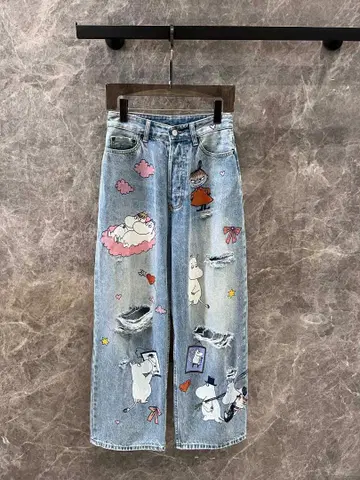 초인기~무민 자수 데님 와이드 레그 팬츠 M
