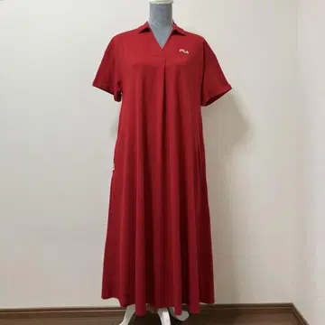 택 포함 휠라 롱 원피스 피케 셔츠 원피스 빨간색 여름 귀여운