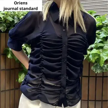 Oriens journal standard 셔링 블라우스 반팔 네이비